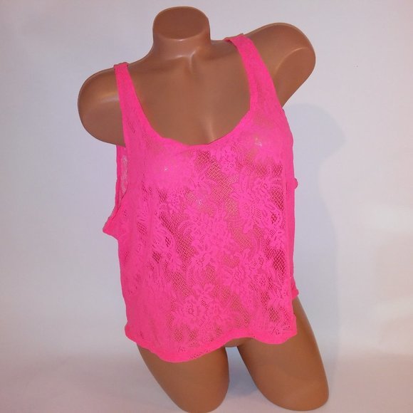 PINK Victoria's Secret Tops - Victoria Secret PINK Tank Top Large Neon Pink Sleeveless Muscle Tee Allover Lace